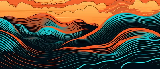 Foto auf Glas Background maze ocean, waves, sun, clouds, with parallel lines illustration © bravissimos