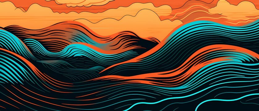 Background maze ocean, waves, sun, clouds, with parallel lines illustration
