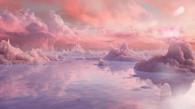 Dreamy realm, Pink clouds hug, mirror in crystalline waters, encircling icebergs, a fantasy's embrace