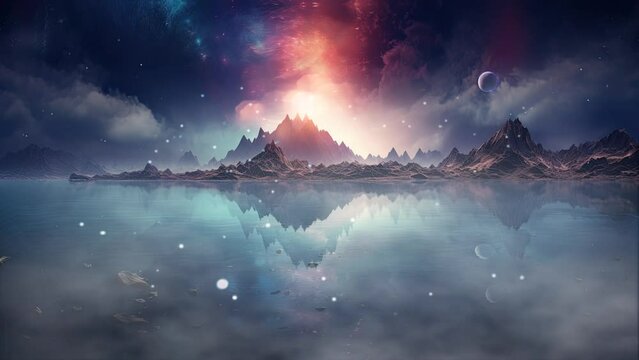 Enchanting mirror lake, reflecting distant nebulae, adorns an alien world with celestial allure, a bewitching cosmic spectacle