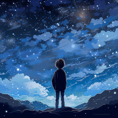 Obraz premium Illustration Of A Boy Looking At Night Starry Sky