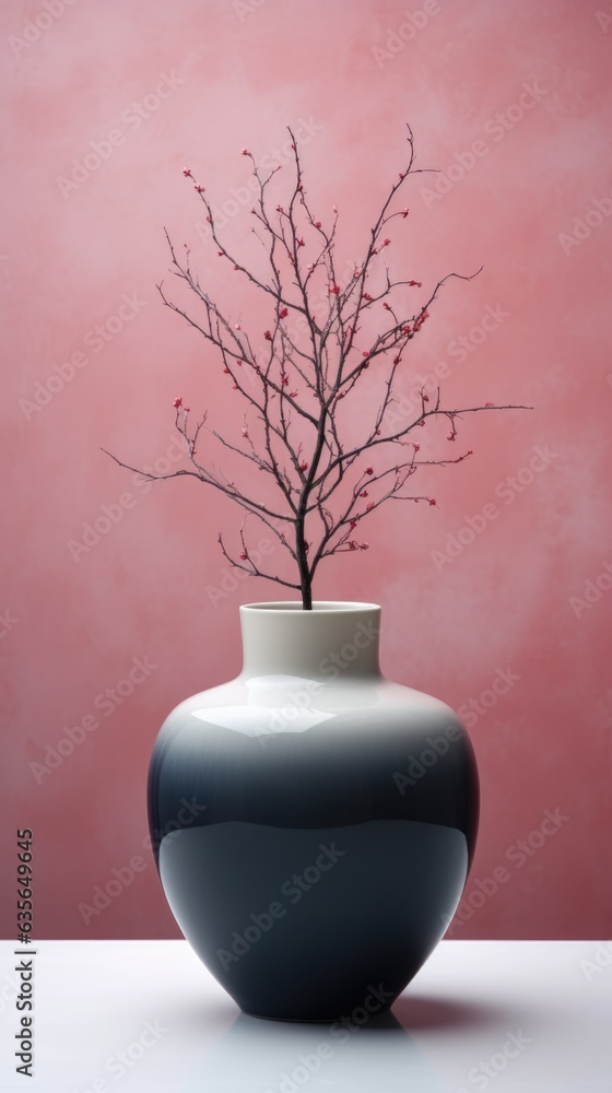 Aufkleber a black and white vase with a tree in it. generative ai image.