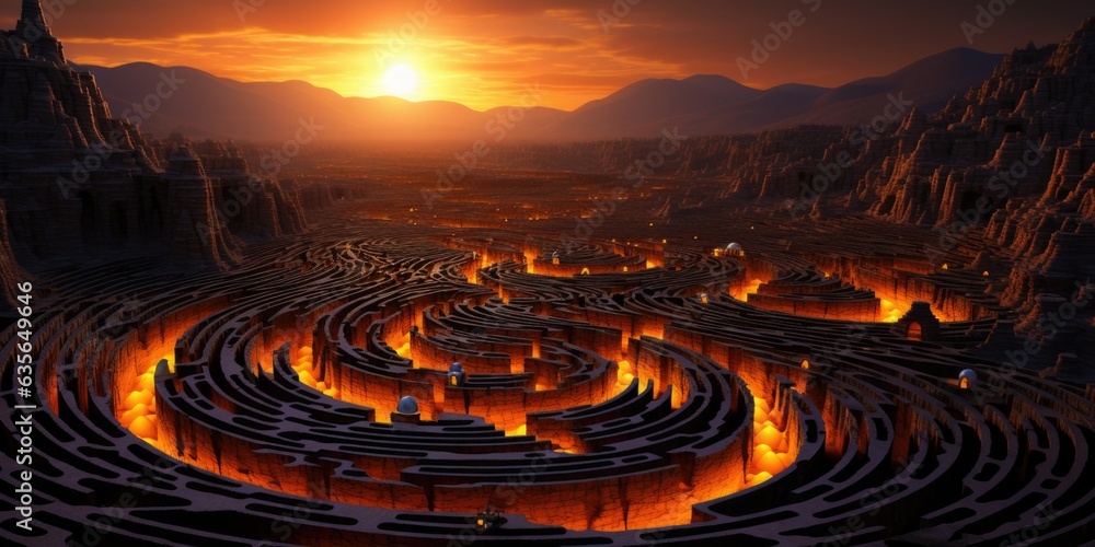 Poster a maze with deep magma in the middle of a desert with a sunset in the background. generative ai imag