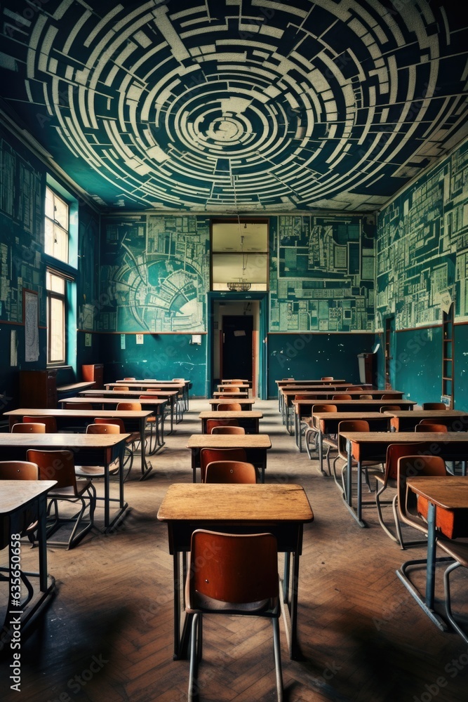 Poster an empty classroom with desks and chairs. generative ai image.