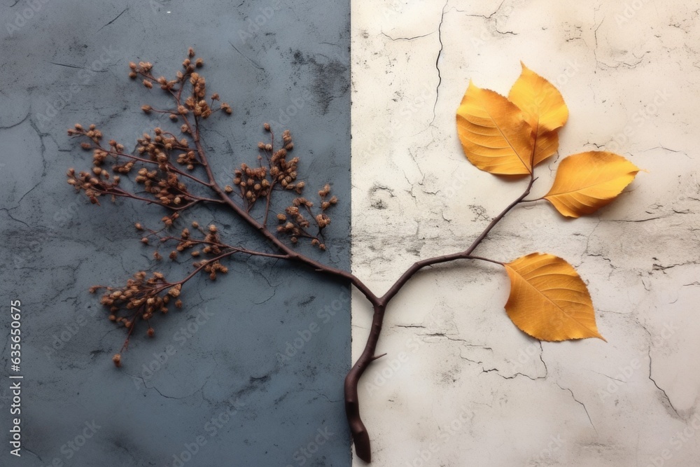 Poster a branch with yellow leaves and berries on a marble surface. generative ai image.
