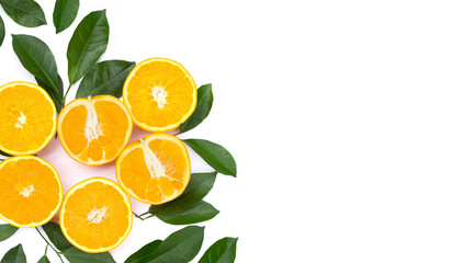 Orange fruit with green leaves on white background.