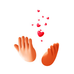 Hearts falling into the palms of hands. Love emoji. Hands receiving or giving out likes. Icon for social media. Valentine's Day design  with flying love hearts. Cartoon vector illustration. - obrazy, fototapety, plakaty