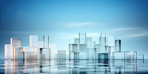 Dreidimensionale Quader oder Schachteln aus Kunststoff in Weiß und durchsichtig, mit Spiegelung im Wasser und blauem Himmel als Hintergrund, mit Textfreiraum.