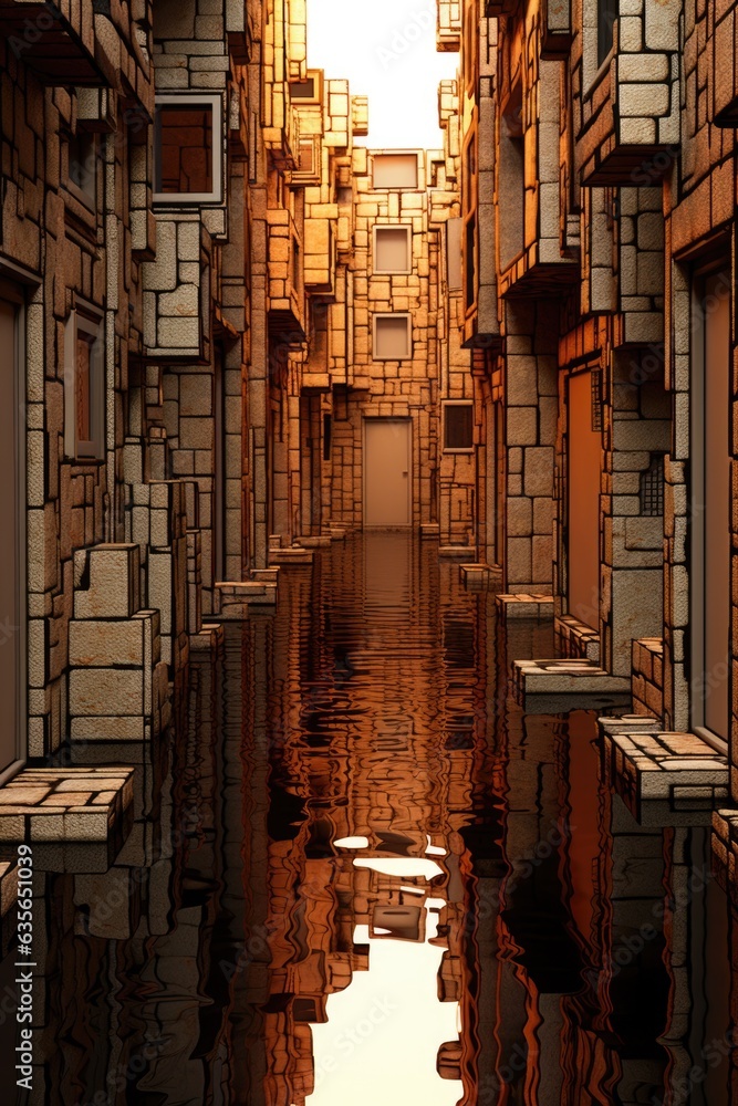 Poster a narrow alley with a reflection of a building in the water. generative ai image.