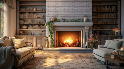 Living Room Interior With Fireplace 