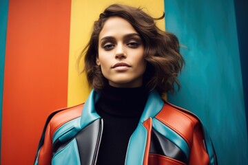 Beautiful fictional female model in colorful stylish fashion clothes. Fashionable woman wearing colored coat in a background of eclectic bold colors. Generative AI.