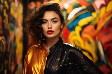 Beautiful fictional female model in colorful stylish fashion clothes. Fashionable woman wearing colored coat in a background of eclectic bold colors. Generative AI.