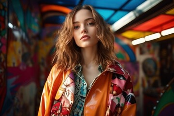Beautiful fictional female model in colorful stylish fashion clothes. Fashionable woman wearing colored coat in a background of eclectic bold colors. Generative AI.
