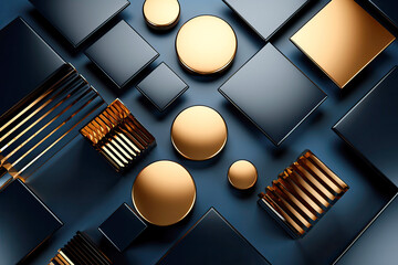 Geordnete abstrakte runde und quadratische 3D Metall-Elemente in Gold und Schwarz auf dunklem Untergrund als Flatlay Hintergrund.