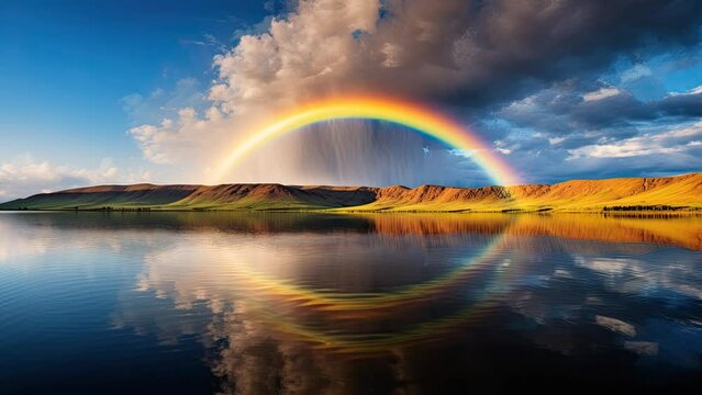 Vast liquid mirror cradles a dual rainbow, merging water and light in a breathtaking tapestry of nature's artistry