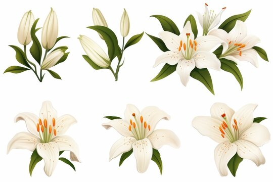 A collection of lily flower ornaments isolated on a white background.
