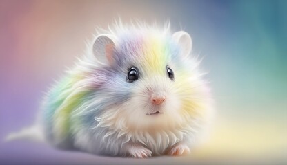 Cute realistic pastel rainbow colored paint hamster with curly fur background