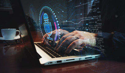 Microphone online podcast and on air live record symbol and man typing keyboard