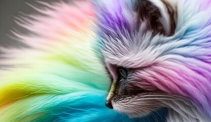 Cute realistic pastel rainbow colored paint raccoon with curly fur background