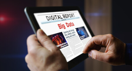 Big data analysis technology newspaper on mobile tablet screen