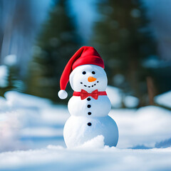 Obraz premium Cute Christmas snowman with stocking cap and red bow tie with forest background