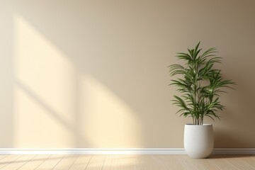 Fototapeta na wymiar Beautiful house plant in the pot on wooden floor set beside the wall with sunbeam and shadow on biege empty wall. Background, mockup backdrop. Green houseplant decoration. Products overlay