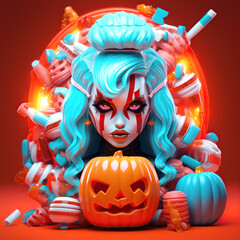 Spooky halloween witch, clown woman face, festive composition with pumpkin, Jack O Lantern with scary face isolated on red background.