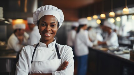 Portrait of a smiling female chef with hands crossed in the kitchen. Design ai