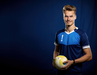 Young male handball player, man posing with a ball in his hand, studio portrait, copy space on side. Generative AI