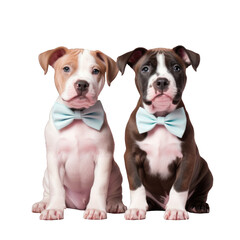 Two puzzled Amstaff pups wearing bow ties sit on a black transparent background with closed mouths anticipating something