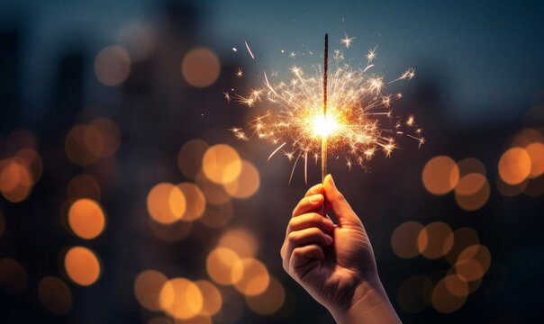 Sparkler held in hand bokeh city lights