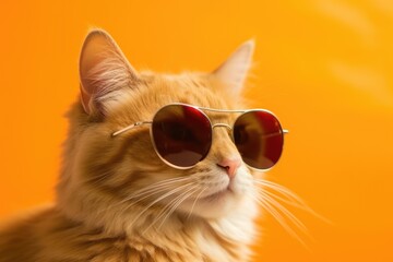 Closeup portrait of red maine coon cat in fashion sunglasses. Funny pet on bright orange background. Kitten in sunglass. Fashion, style, cool animal concept with copy space