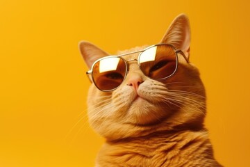 Closeup portrait of red british furry cat in fashion sunglasses. Funny pet on bright orange background. Kitten in sunglass. Fashion, style, cool animal concept with copy space