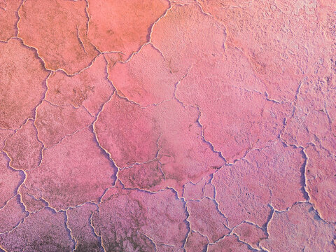 A close-up of a cracked pink salt lake at sunset creating abstract patterns. Salt production plants evaporated a brine pond in a salt lake. Salin de Giraud saltworks in Camargue, Provence, France