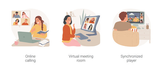 Online conferencing isolated cartoon vector illustration set. Smiling teen girl having video conference, calling friends, virtual meeting room, synchronized player, movie remotely vector cartoon.