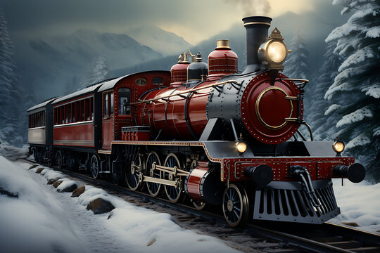 red christmas santa's train in snowy forest in winter