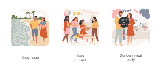 Fototapeta premium Parents-to-be celebrations isolated cartoon vector illustration set. Babymoon romantic vacation, baby shower, gender reveal party, happy family expecting a baby, pregnant woman vector cartoon.