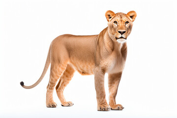 Obraz premium Lioness isolated on white background. Animal right side portrait.