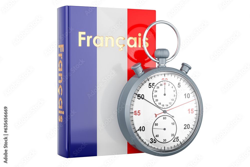 Poster french language textbook with stopwatch. accelerated courses of french language, 3d rendering isolat