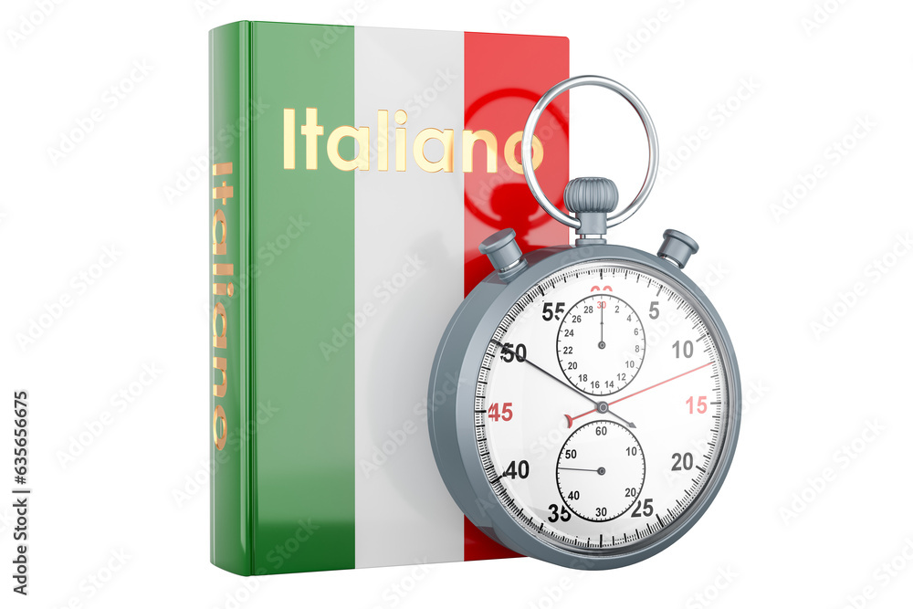 Poster italian language textbook with stopwatch. accelerated courses of italian language, 3d rendering isol