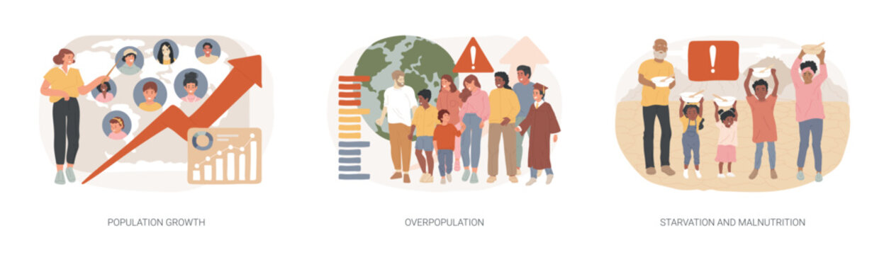 Demographics isolated concept vector illustration set. Population growth, overpopulation, starvation and malnutrition, human quantity growth, hunger and lack of food, urbanization vector concept.