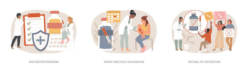 Mandatory immunization isolated concept vector illustration set. Vaccination program for Infant and child, refusal of vaccination, childhood infectious diseases, public healthcare vector concept.