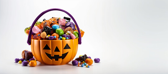 Halloween concept background. Halloween jack o lantern pumpkin basket with full of candies on white background. Trick or treat concept. Copy space for text.