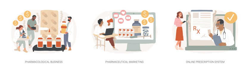 Drugs and medication industry isolated concept vector illustration set. Pharmacological business, pharmaceutical marketing, online prescription system, pharmacy network, drugstore vector concept. - obrazy, fototapety, plakaty