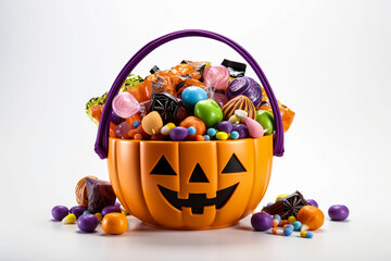 Halloween concept background. Halloween jack o lantern pumpkin basket with full of candies on white background. Trick or treat concept. Copy space for text.