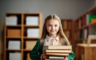 A young girl with a pile of books in her arms