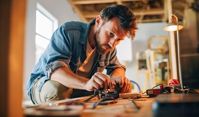 A man carving a piece of wood with a chisel and mallet