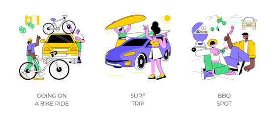 Adventure trip isolated cartoon vector illustrations set. Couple preparing for a bike ride, summer vacation, happy girls going surf trip by van, people stop at BBQ spot in nature vector cartoon.