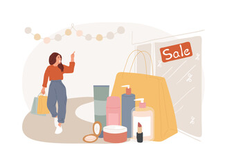 Beauty shop isolated concept vector illustration. Cosmetic store, hair and skin care products purchase, gift card, shopaholic, fashion market, makeup salon, black Friday sale vector concept.