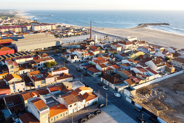 Aerial view over the city of Espinho. Portugal, 2023.